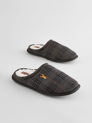 Black/Grey Borg Lined Checked Mule Slippers - Image 1 of 5