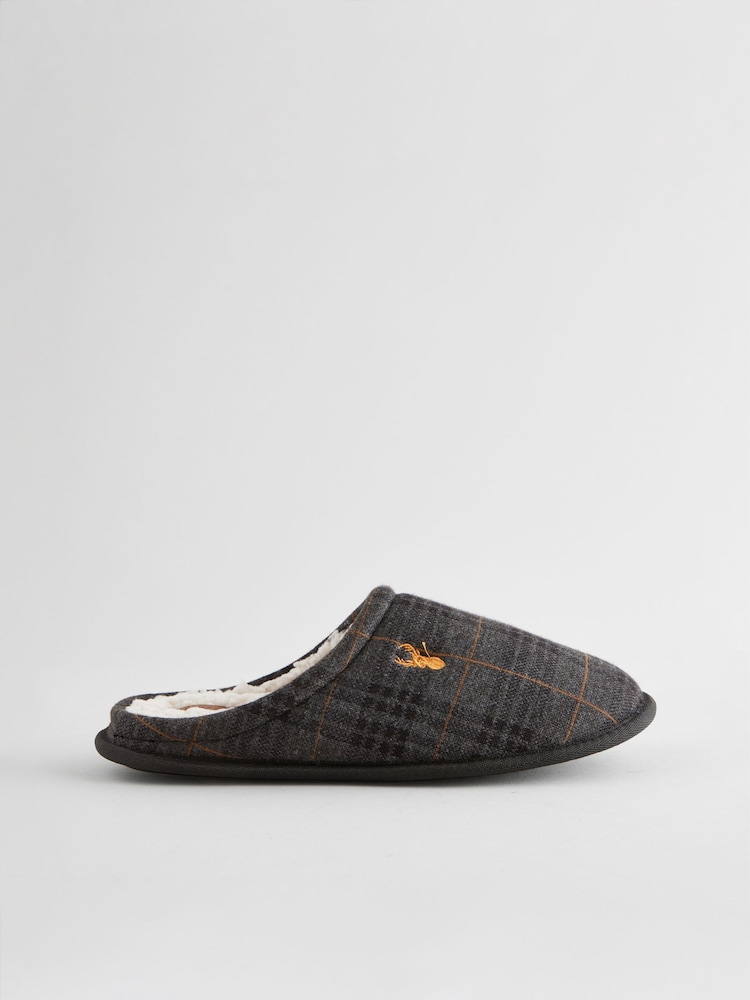 Black/Grey Borg Lined Checked Mule Slippers - Image 2 of 5