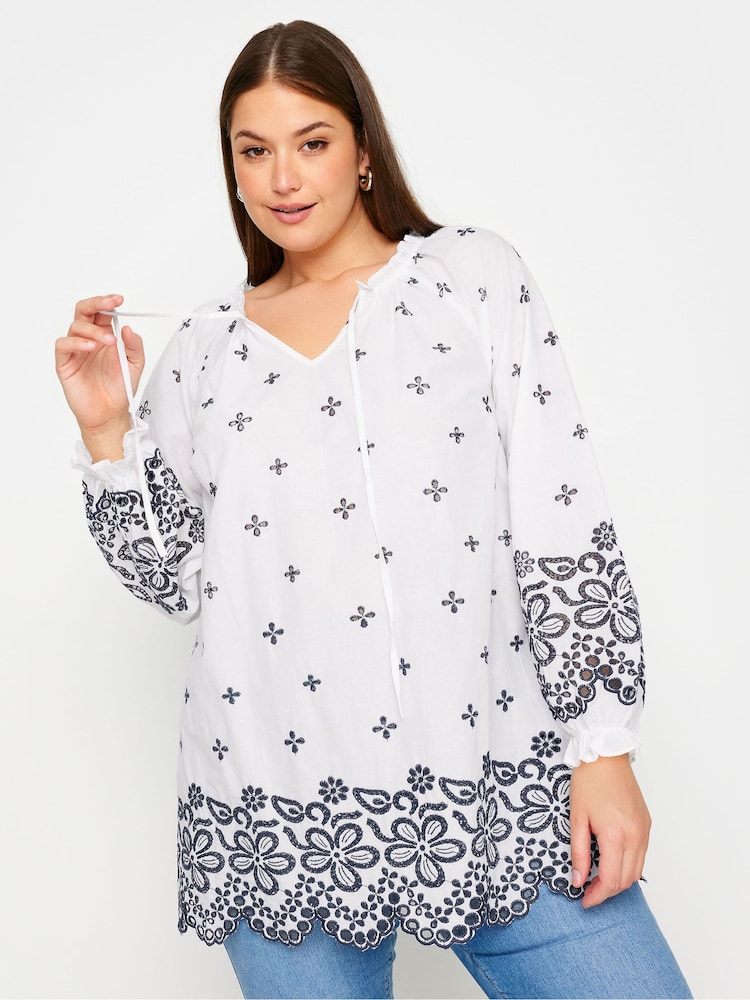 Yours Curve Blue 100% Cotton Broderie Anglaise Blouse - Image 2 of 6
