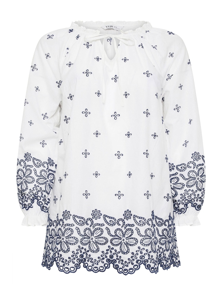 Yours Curve Blue 100% Cotton Broderie Anglaise Blouse - Image 6 of 6