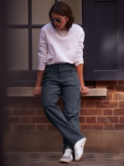 Navy Blue Washed Cord Wide Leg 100% Cotton Trousers - Image 1 of 7