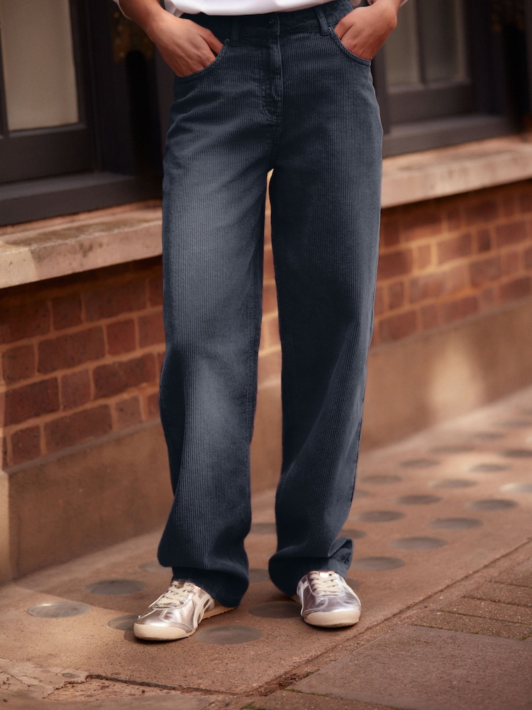 Navy Blue Washed Cord Wide Leg 100% Cotton Trousers - Image 2 of 7