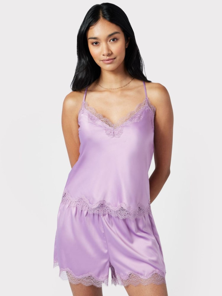 Chelsea Peers Purple Satin Lace Trim Cami Short Pyjama Set - Image 3 of 4