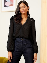 Love & Roses Black V Neck Lace Trim Dobby Blouse - Image 1 of 4