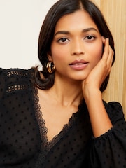 Love & Roses Black V Neck Lace Trim Dobby Blouse - Image 2 of 4