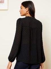 Love & Roses Black V Neck Lace Trim Dobby Blouse - Image 3 of 4