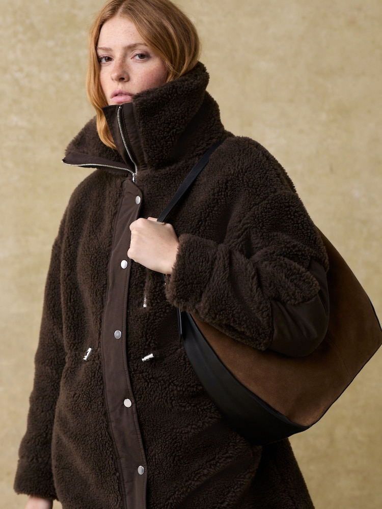 Chocolate Brown Waisted Teddy Borg Jacket - Image 1 of 8
