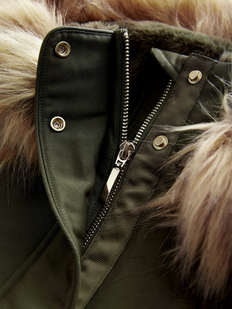Khaki Green Hooded Parka Coat With Faux Fur Trim - Image 7 of 9