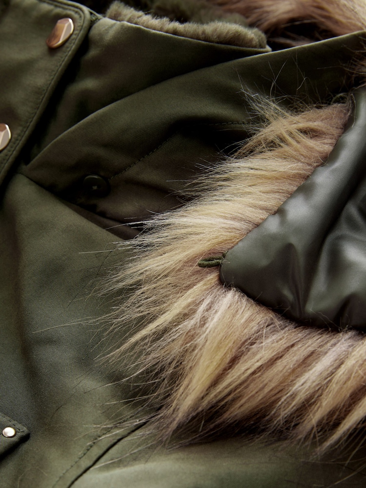 Khaki Green Hooded Parka Coat With Faux Fur Trim - Image 8 of 9