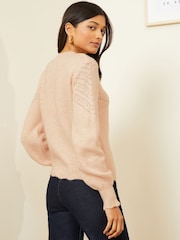 Love & Roses Blush Pink Petite Cosy Pointelle Stitch Keyhole Jumper - Image 2 of 4