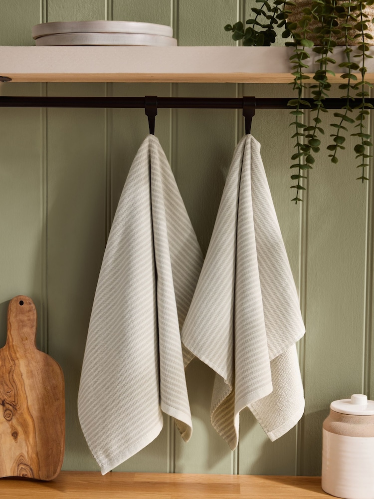 Set of 2 Natural Bronx Stripe Terry Tea Towels - Image 1 of 5