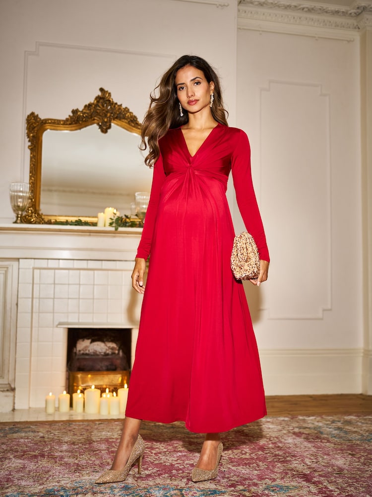 Seraphine Red Maxi Maternity & Nursing Knot Detail Midi Dress - Image 2 of 7