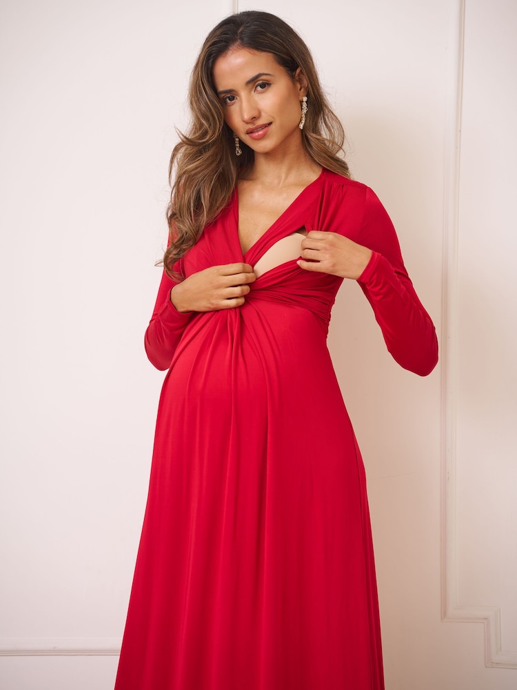 Seraphine Red Maxi Maternity & Nursing Knot Detail Midi Dress - Image 7 of 7
