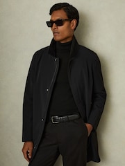 Reiss Black Logan Hybrid Removable Funnel Neck Overcoat - Image 1 of 5