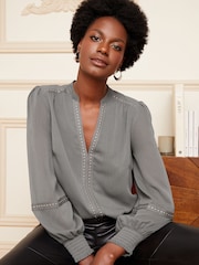 Love & Roses Grey Petite V Neck Hardware Blouse - Image 1 of 4