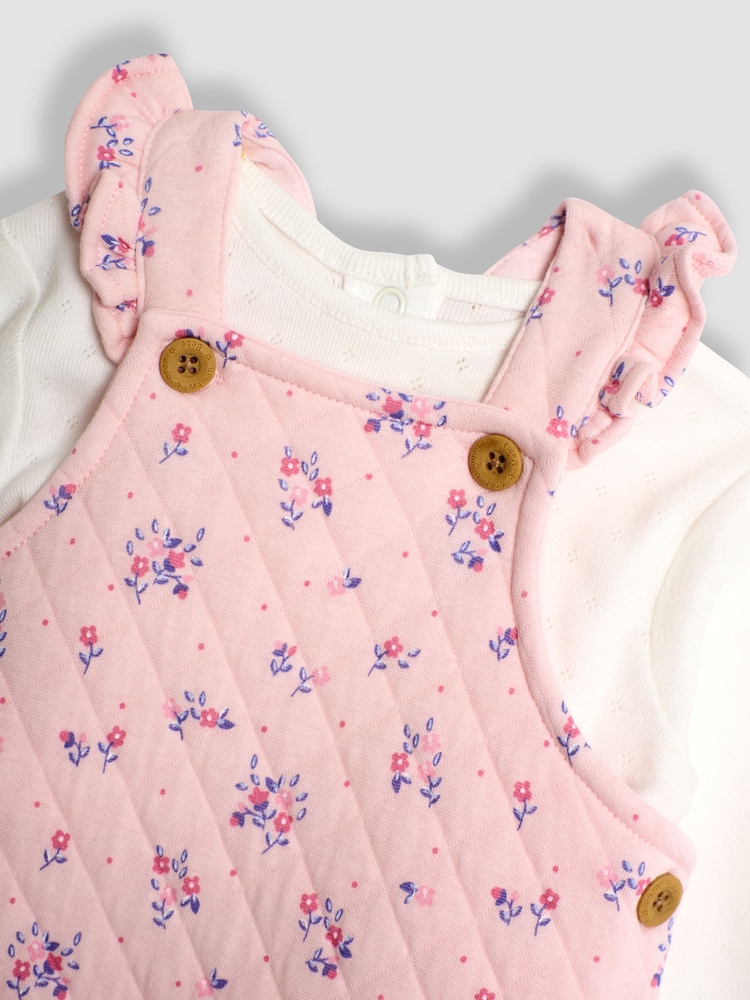 JoJo Maman Bébé Pink Quilted Floral Dungarees & Top Set - Image 6 of 6