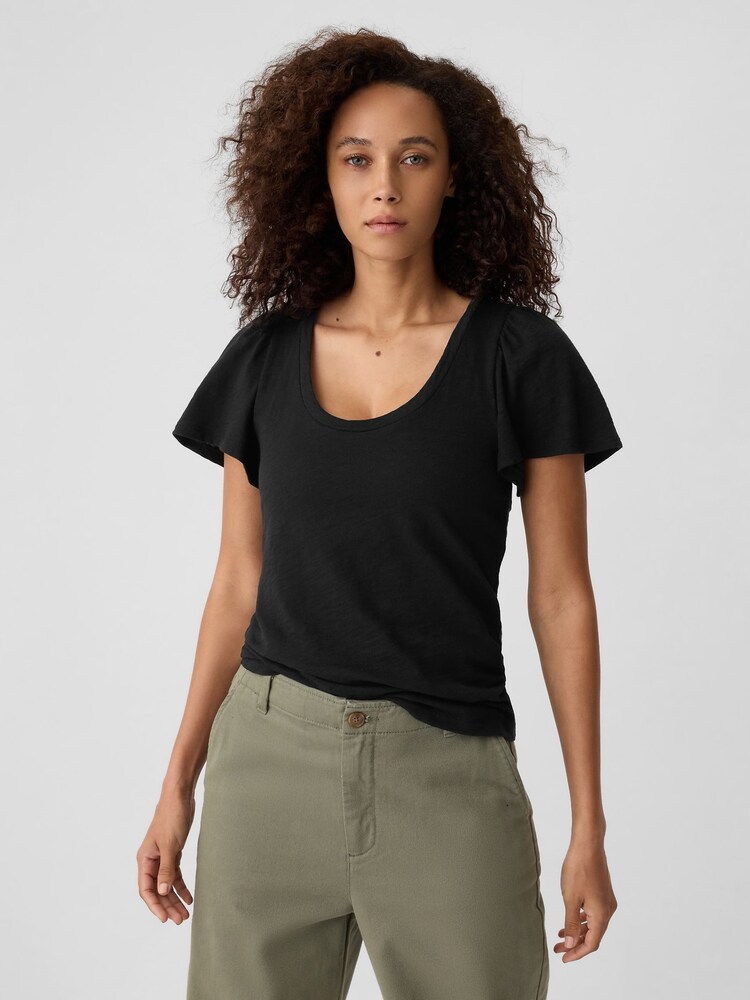 Gap Black Cotton Flutter Short Sleeve T-Shirt - Image 1 of 5 Gap Black Cotton Flutter Short Sleeve T-Shirt - Image 1 of 5