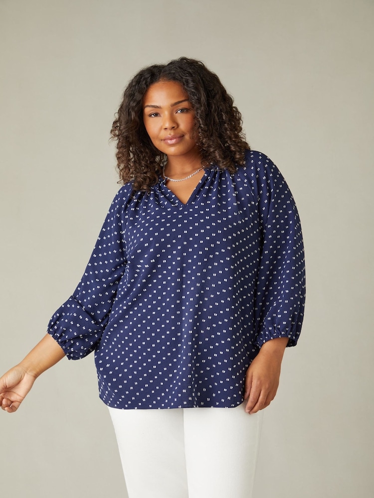 Live Unlimited Blue Curve Dobby Ruffle Neck Blouse - Image 1 of 6