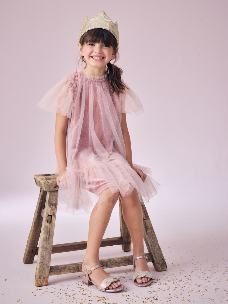 Pink Velour Shimmer Mesh Layered Dress (3-16yrs) - Image 1 of 8