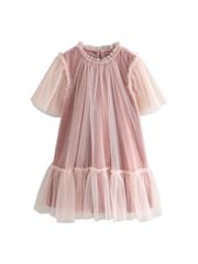 Pink Velour Shimmer Mesh Layered Dress (3-16yrs) - Image 5 of 8
