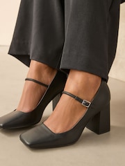 Black Forever Comfort® Leather Square Toe Block Heel Mary Jane Shoes - Image 1 of 7