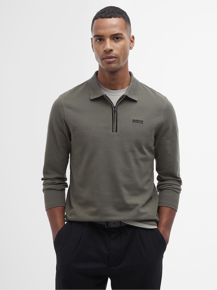 Barbour® International Marshall Long Sleeved Zipped 100% Cotton Polo Shirt - Image 1 of 6