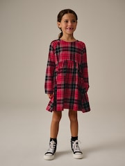 Red Check Long Sleeve 100% Cotton Jersey Dress (3-16yrs) - Image 1 of 8