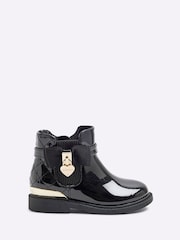 River Island Black Girls Patent Bow Padlock Boots - Image 1 of 5