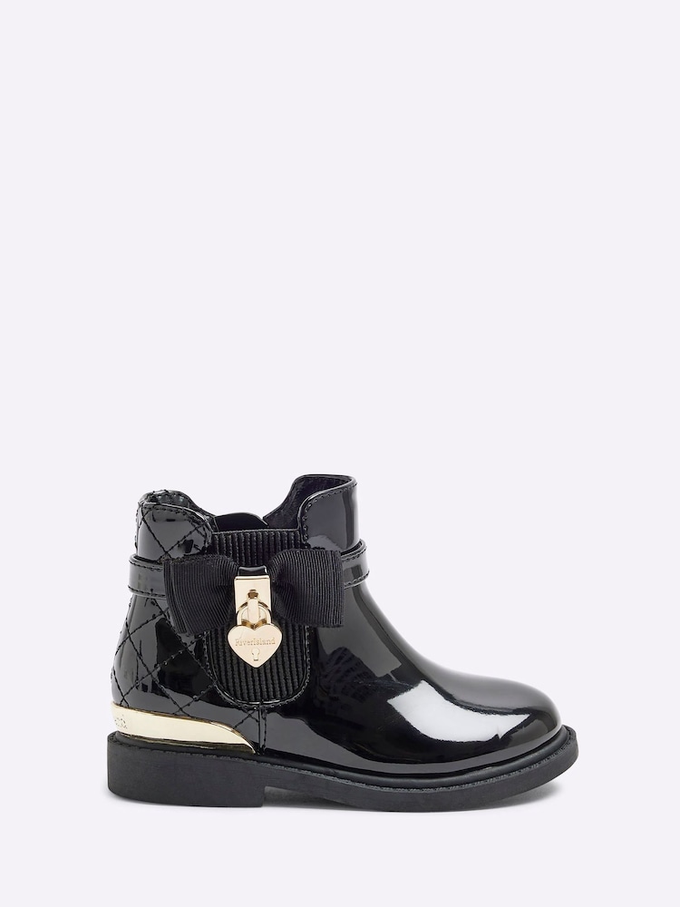 River Island Black Girls Patent Bow Padlock Boots - Image 1 of 5