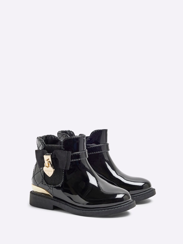 River Island Black Girls Patent Bow Padlock Boots - Image 2 of 5