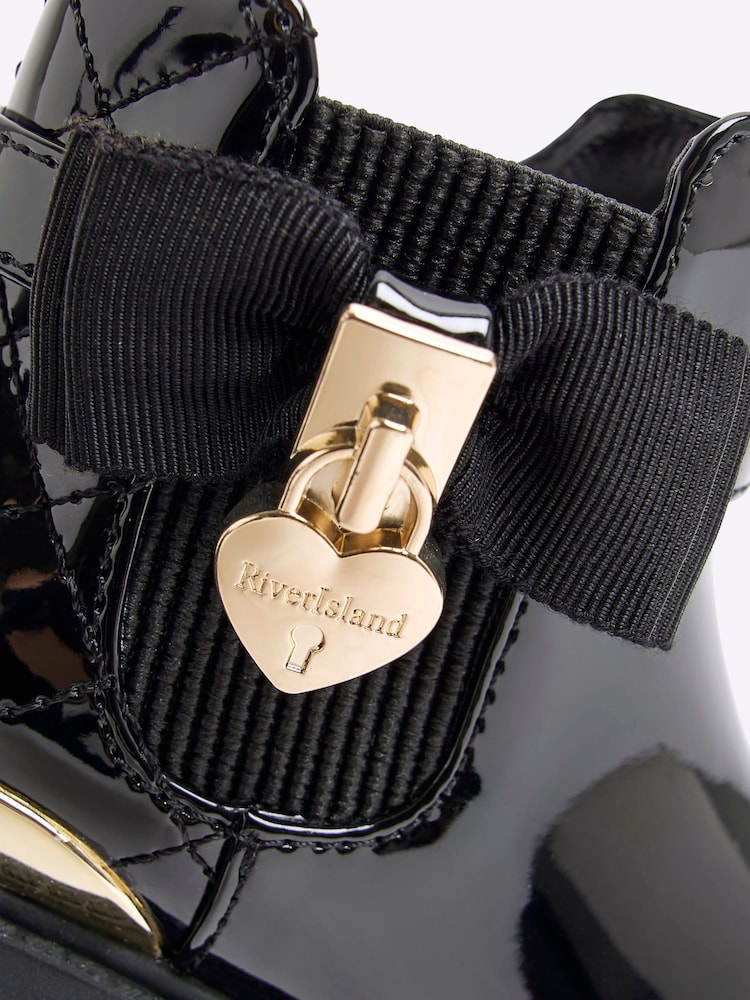 River Island Black Girls Patent Bow Padlock Boots - Image 5 of 5