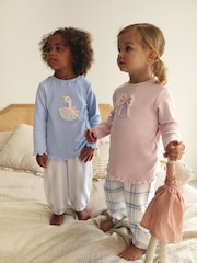 Pink/Blue Swan/Bow 2 Pack 100% Cotton Woven Bottoms Pyjamas (9mths-10yrs) - Image 1 of 10