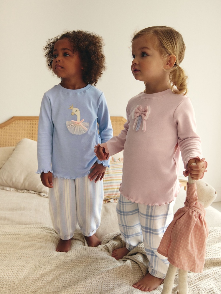 Pink/Blue Swan/Bow 2 Pack 100% Cotton Woven Bottoms Pyjamas (9mths-10yrs) - Image 1 of 10
