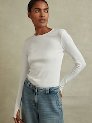Reiss White Tora Cotton Blend Crew Neck Top - Image 1 of 6