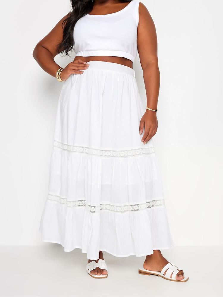 Yours Curve White Tiered Maxi 100% Cotton Skirt - Image 1 of 5
