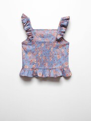 Mango Blue 100% Cotton Ruffled Floral Top - Image 1 of 2