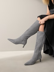 Grey Leather Forever Comfort® Knee High Skinny Heeled Boots - Image 1 of 8