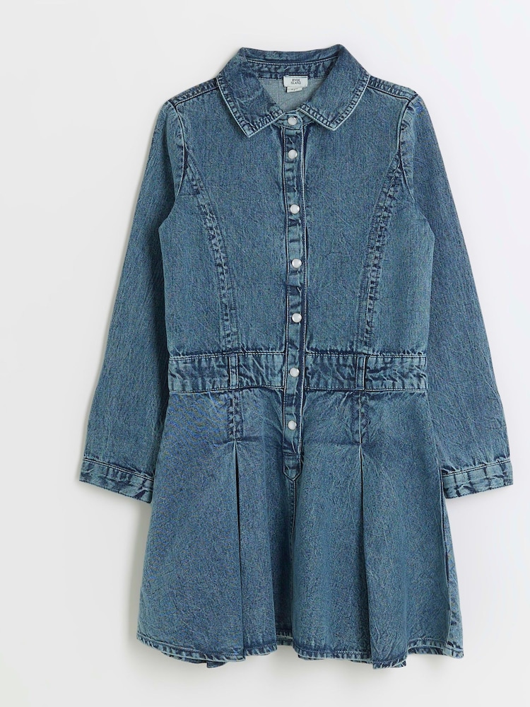 River Island Blue Girls Kilt Shirt Dress - Image 1 of 3
