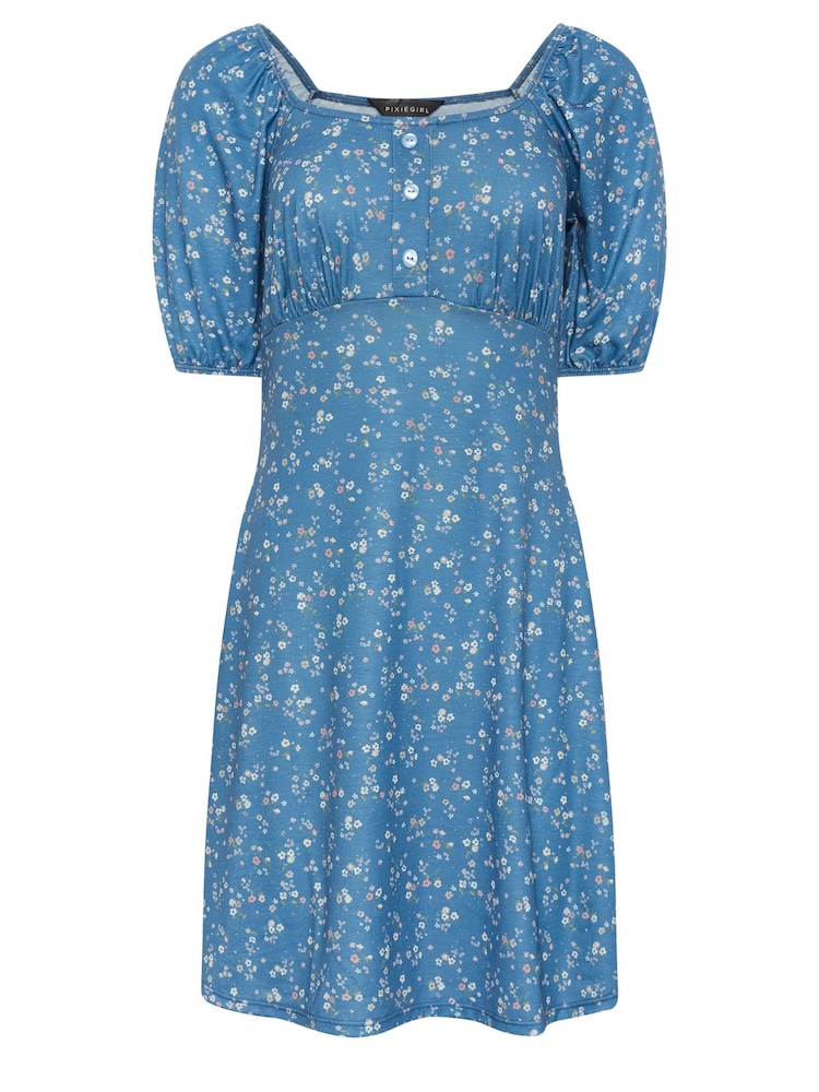 PixieGirl Petite Blue PixieGirl Blue Ditsy Floral Print Mini Dress - Image 5 of 5