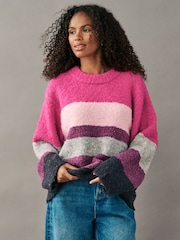 Pink Stripe Boucle Knitted Crew Neck Jumper - Image 1 of 7