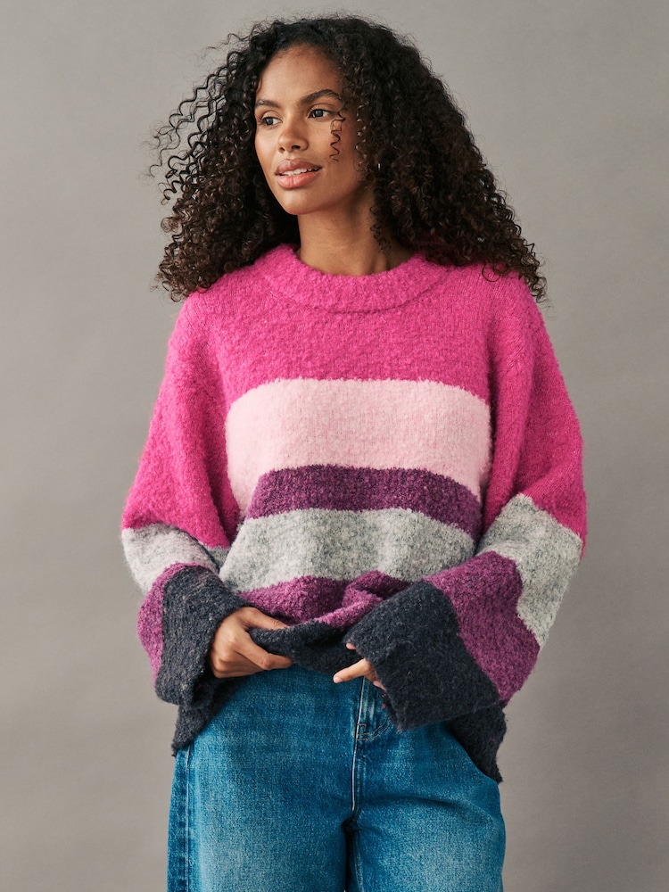 Pink Stripe Boucle Knitted Crew Neck Jumper - Image 1 of 7