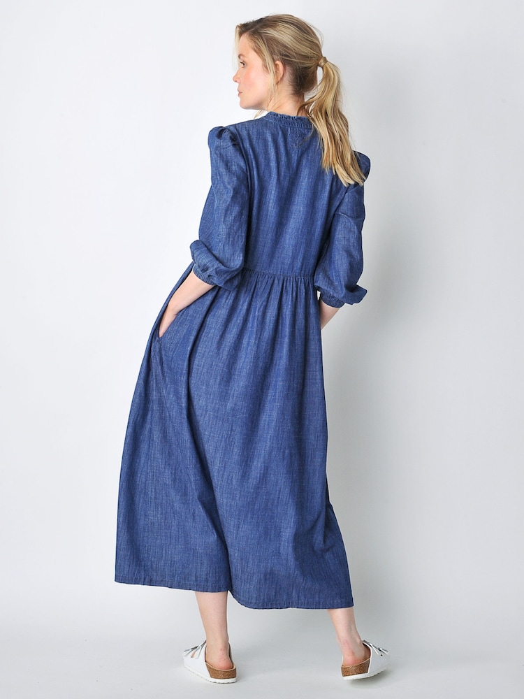 Burgs Womens Blue Valley Dress Midi Dress with Frill Detail and Large Pockets - Image 2 of 5