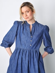 Burgs Womens Blue Valley Dress Midi Dress with Frill Detail and Large Pockets - Image 3 of 5