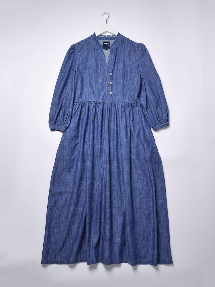 Burgs Womens Blue Valley Dress Midi Dress with Frill Detail and Large Pockets - Image 5 of 5