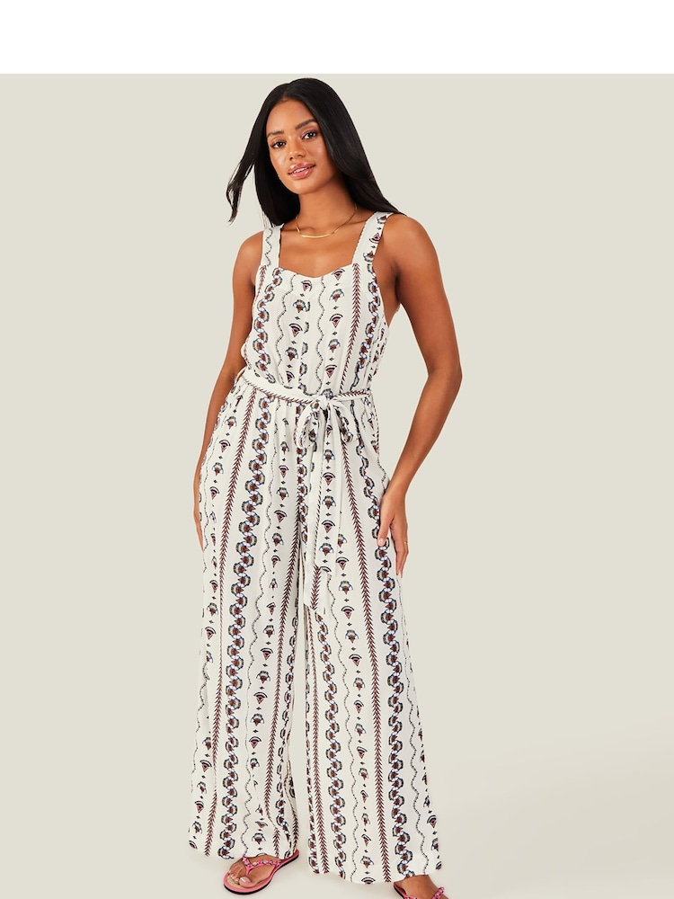 Accessorize White Fan Print Crinkle Jumpsuit - Image 1 of 4