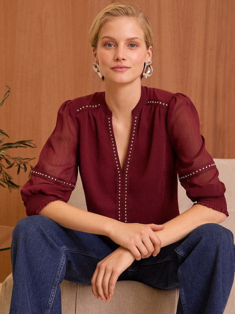Love & Roses Burgundy Red V Neck  Hardware Blouse - Image 1 of 4
