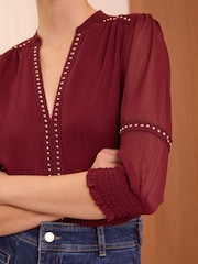 Love & Roses Burgundy Red V Neck  Hardware Blouse - Image 2 of 4