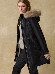 Black Hooded Parka Coat With Faux Fur Trim - Image 1 of 10