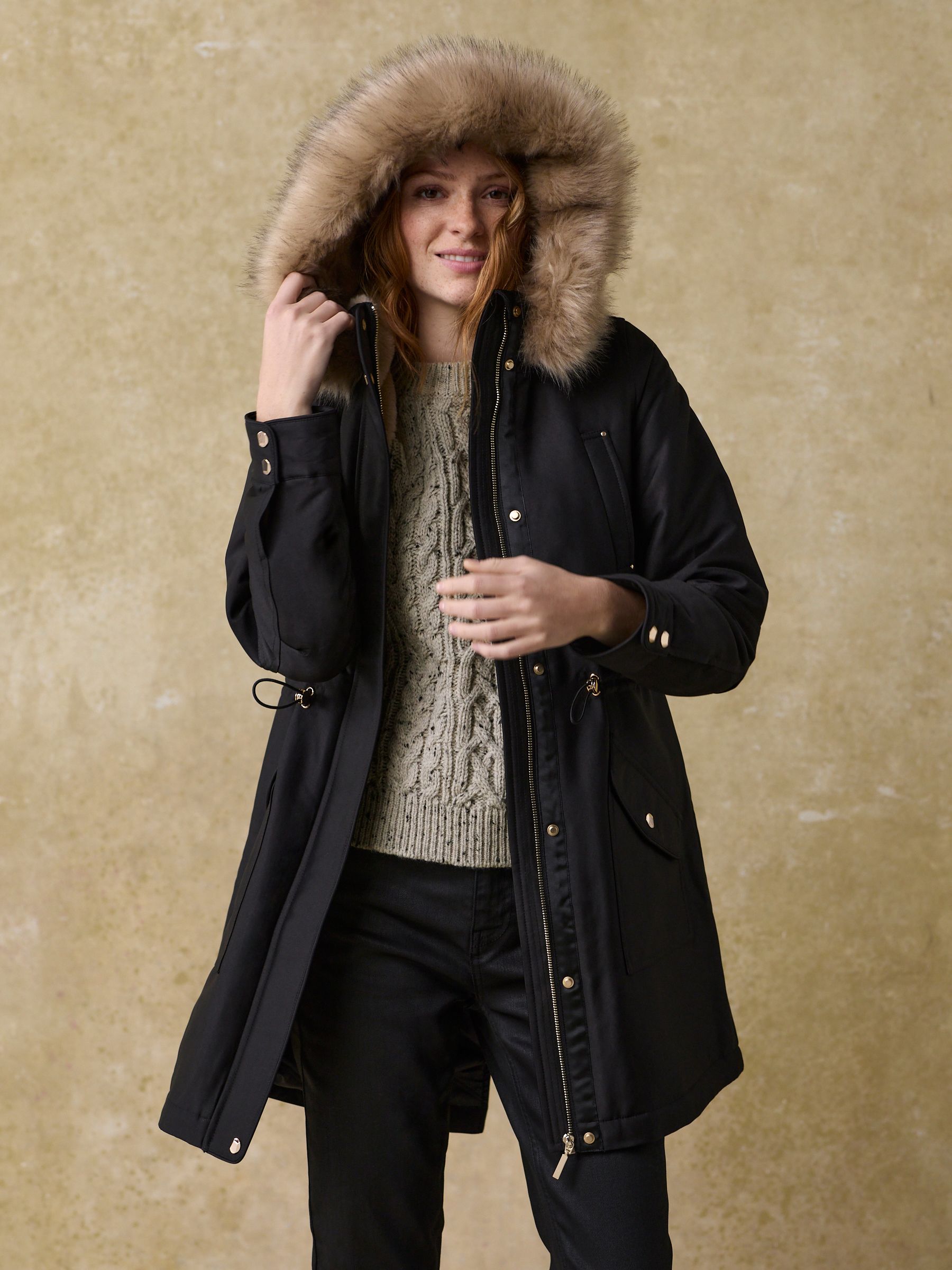 Black Hooded Parka Coat With Faux Fur Trim