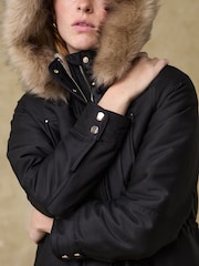 Black Hooded Parka Coat With Faux Fur Trim - Image 4 of 10